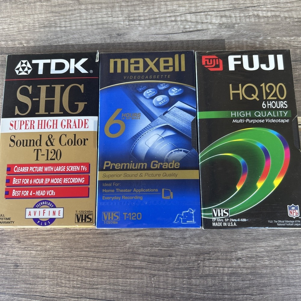 VHS Blank High Quality Sealed Tapes Lot Of‎ 3, Fuji, Maxwell, TDK 6 Hours